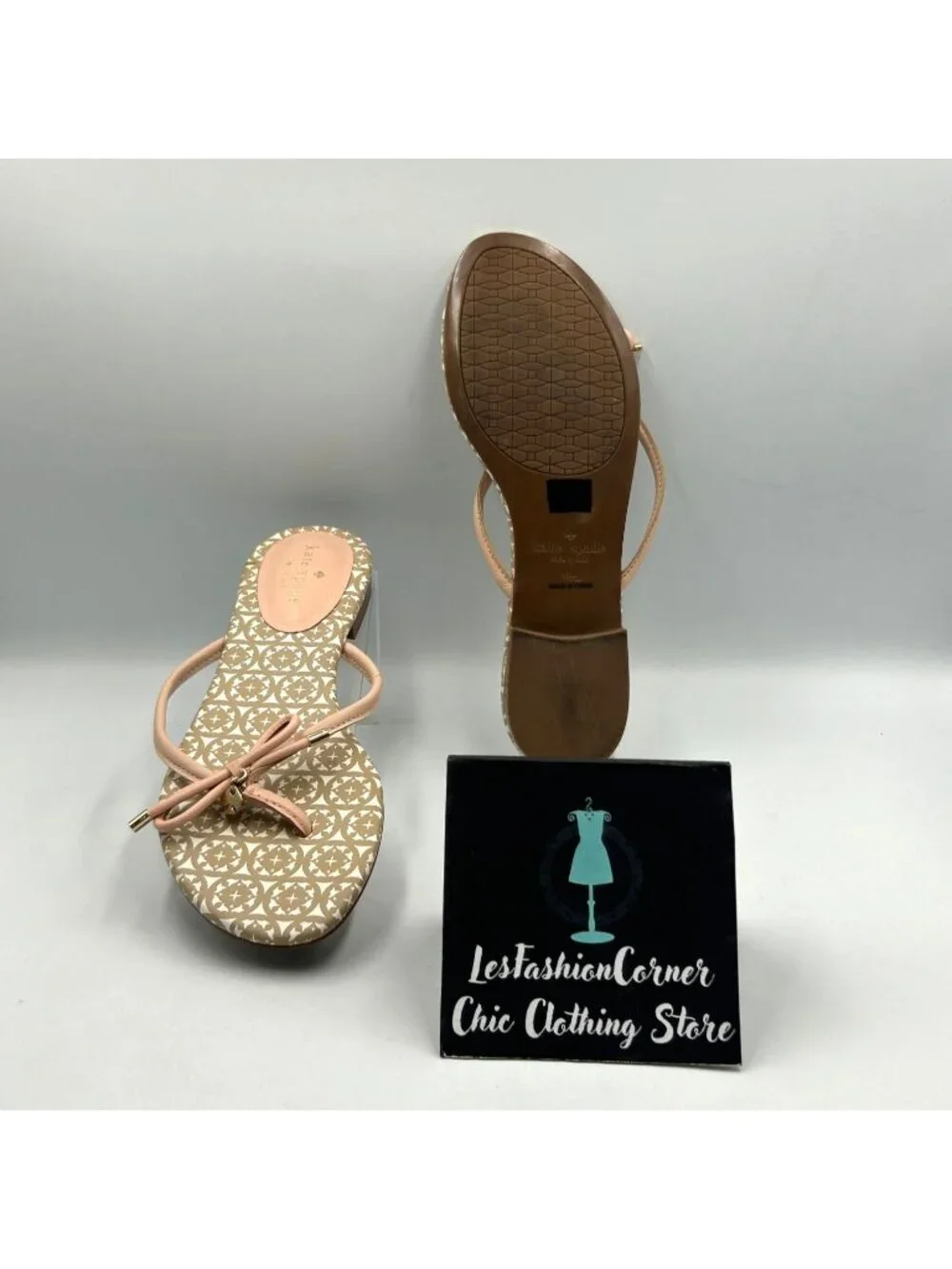 Kate Spade Women's Beige Pink Leather Mistic Bow Flats Sandals Size 9.5 3615